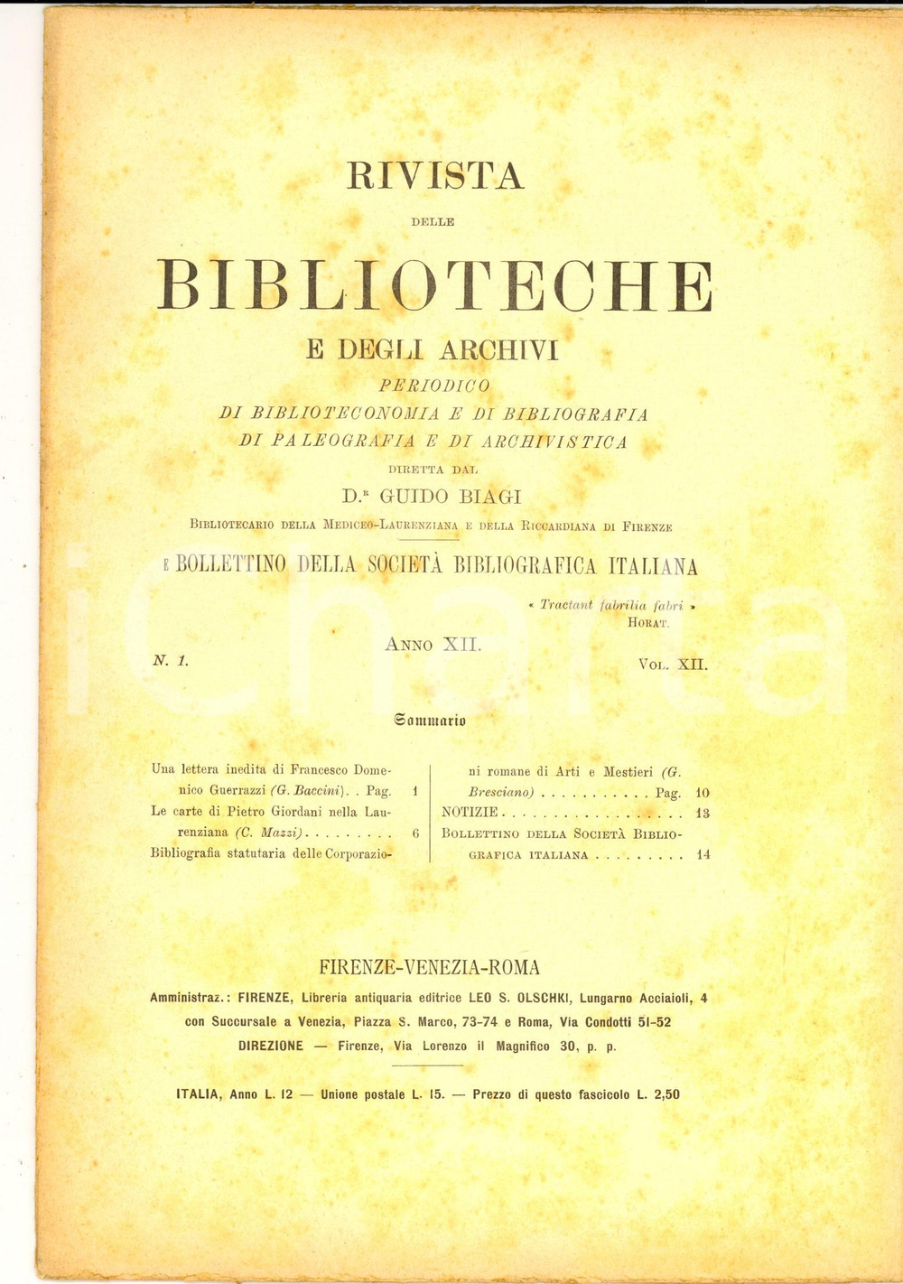 Giornale, rivista storica 1901 RIVISTA DELLE BIBLIOTECHE E DEGLI ARCHIVI Lettera inedita GUERRAZZI 1