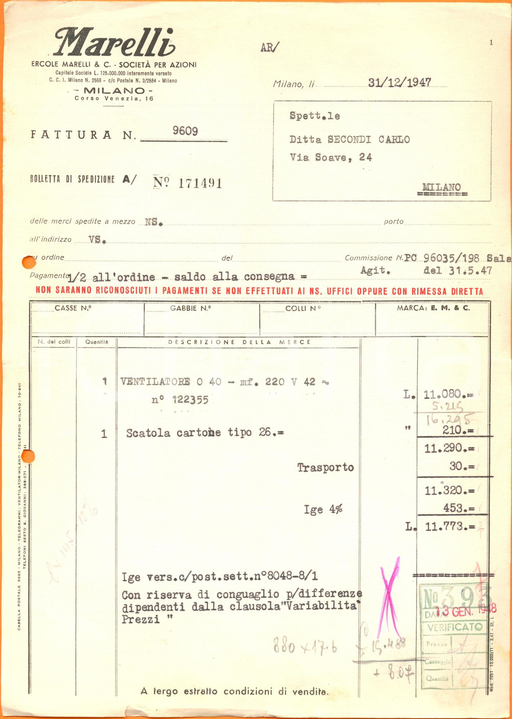 Documento originale, autentico 1947 MILANO SocietÃ  Ercole MARELLI vendita ventilatore Fattura commerciale 1