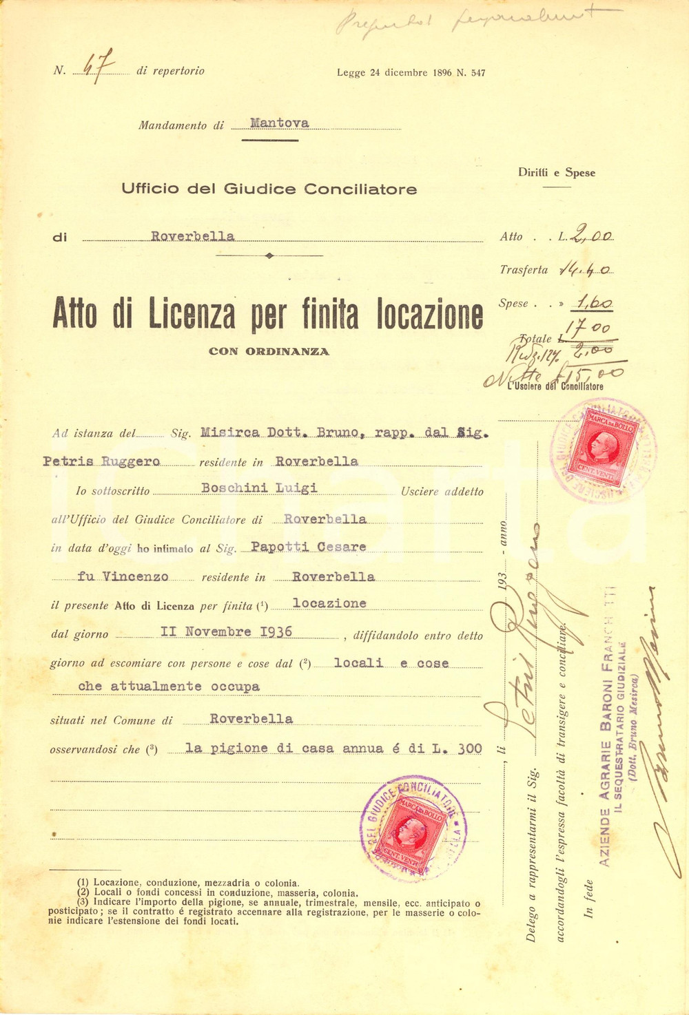 Documento originale, autentico 1936 ROVERBELLA (MN) Atto di licenza per finita locazione a Cesare PAPOTTI 1