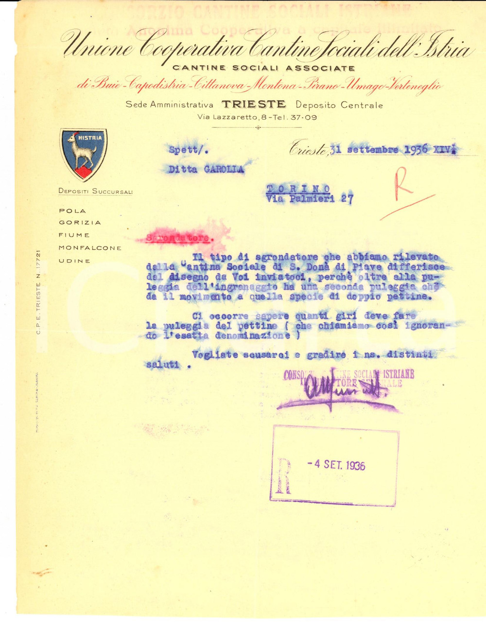 Documento originale, autentico 1936 TRIESTE CANTINE SOCIALI ISTRIA Reclamo per uno sgrondatore Lettera 1