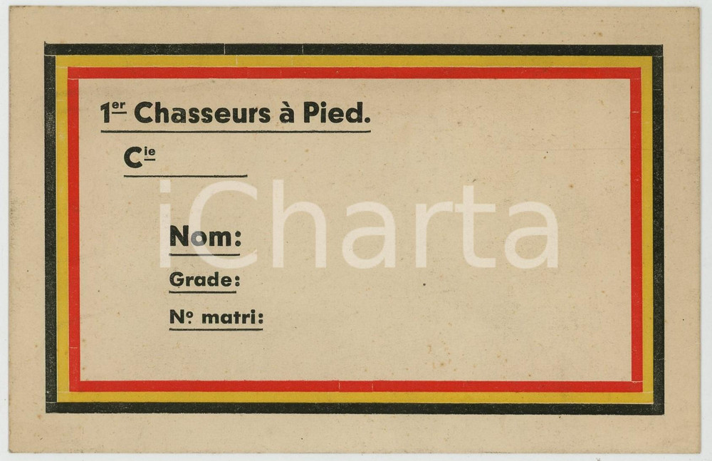 1915 ca WWI BELGIQUE - 1er Chasseurs à Pied - Billet soldat / officier Biglietto destinato all'esercito, non compilato.   GOOD/buono fioriture al verso Formato: 14x9 cm originale e autentica 1