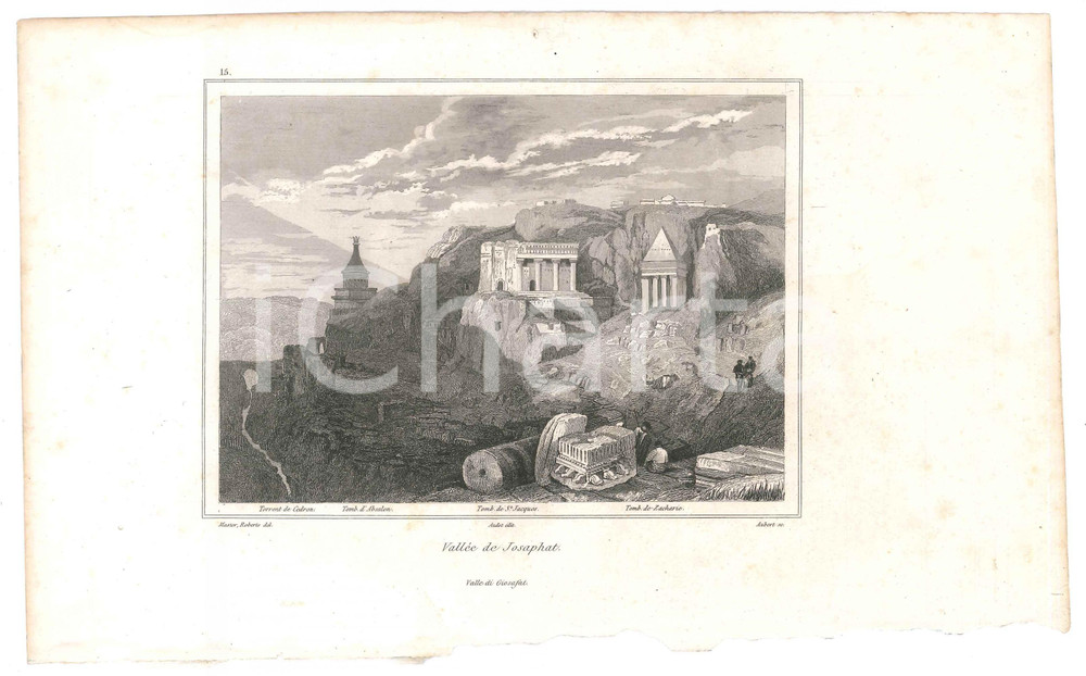 Stampa, bozzetto originale 1840 ca TERRA SANTA  AUBERT VallÃ©e de Josaphat  Valle di Giosafat Stampa 1