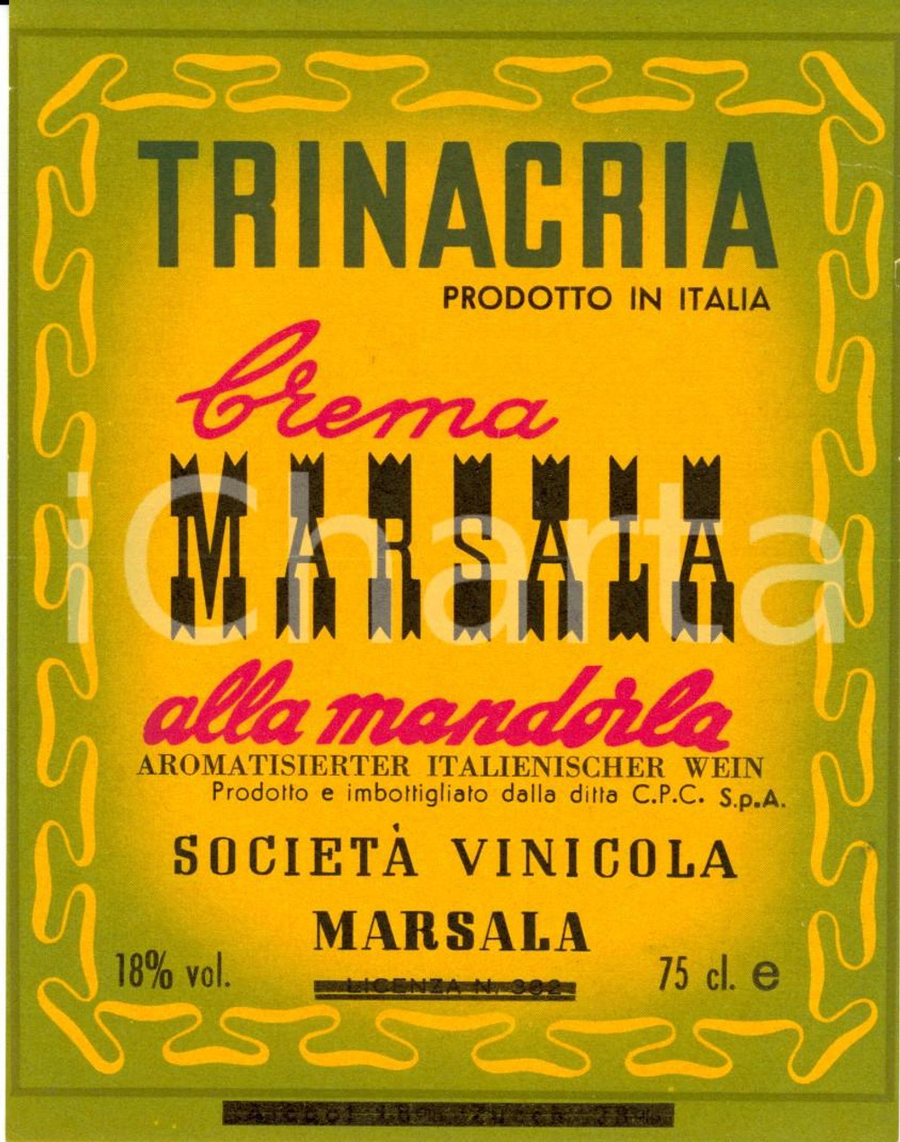 Materiale pubblicitario d’epoca 1950 ca TRINACRIA SocietÃ  vinicola Crema MARSALA alla mandorla Etichetta 1