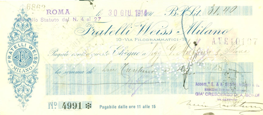Documento originale, autentico 1914 MILANO Cambiale SocietÃ  FRATELLI WEISS per MARBURG & SOHNE Documento 1