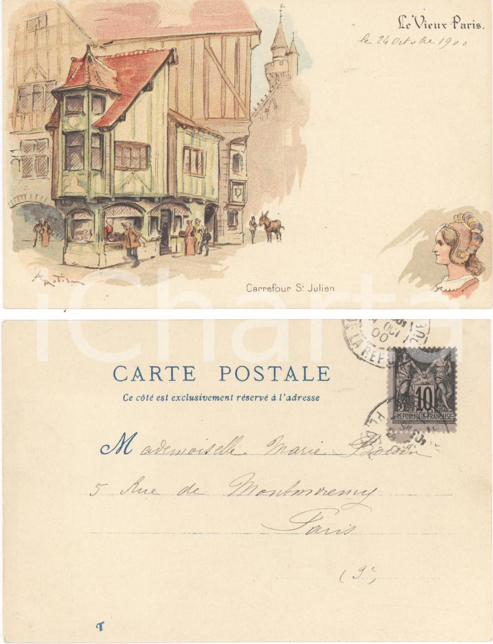 Cartolina originale da collezione 1900 PARIGI Carrefour St. JULIEN FP VG animata 1