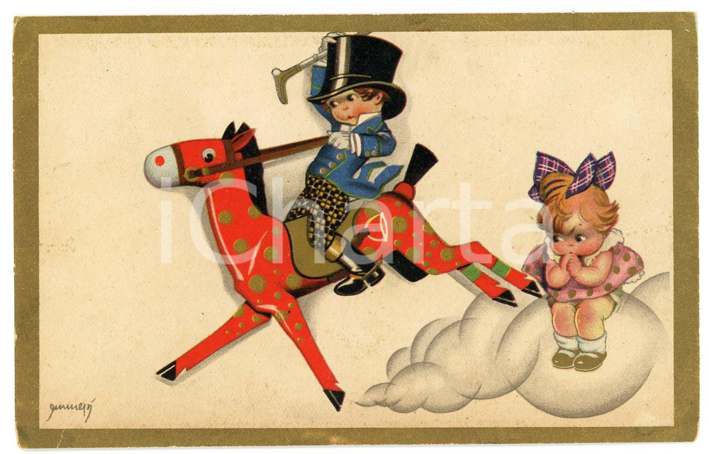 1936 CHILDREN Illustration by EMMEPÃŒ Child ridind a toy horse - Postcard FP vg Cartolina postale d'epoca, viaggiata.CONDIZIONI: FAIR FORMATO: FP     originale e autentica 1