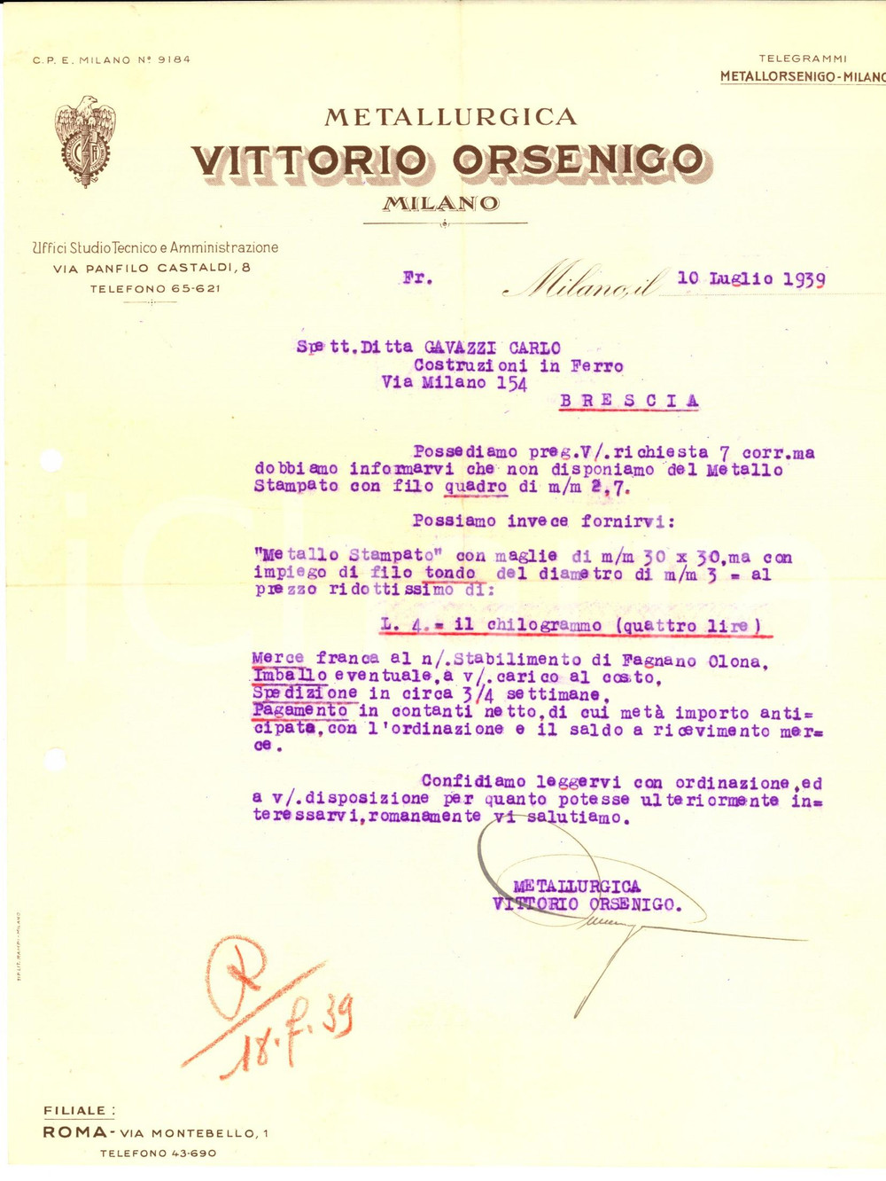 Documento originale, autentico 1939 MILANO Metallurgica Vittorio ORSENIGO  Preventivo per metallo stampato 1