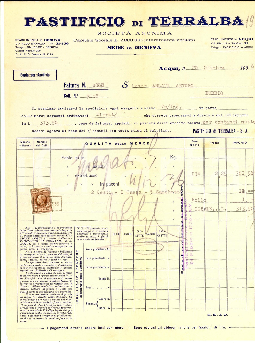Documento originale, autentico 1936 ACQUI TERME Pastificio di TERRALBA Fattura intestata per pacchi di pasta 1