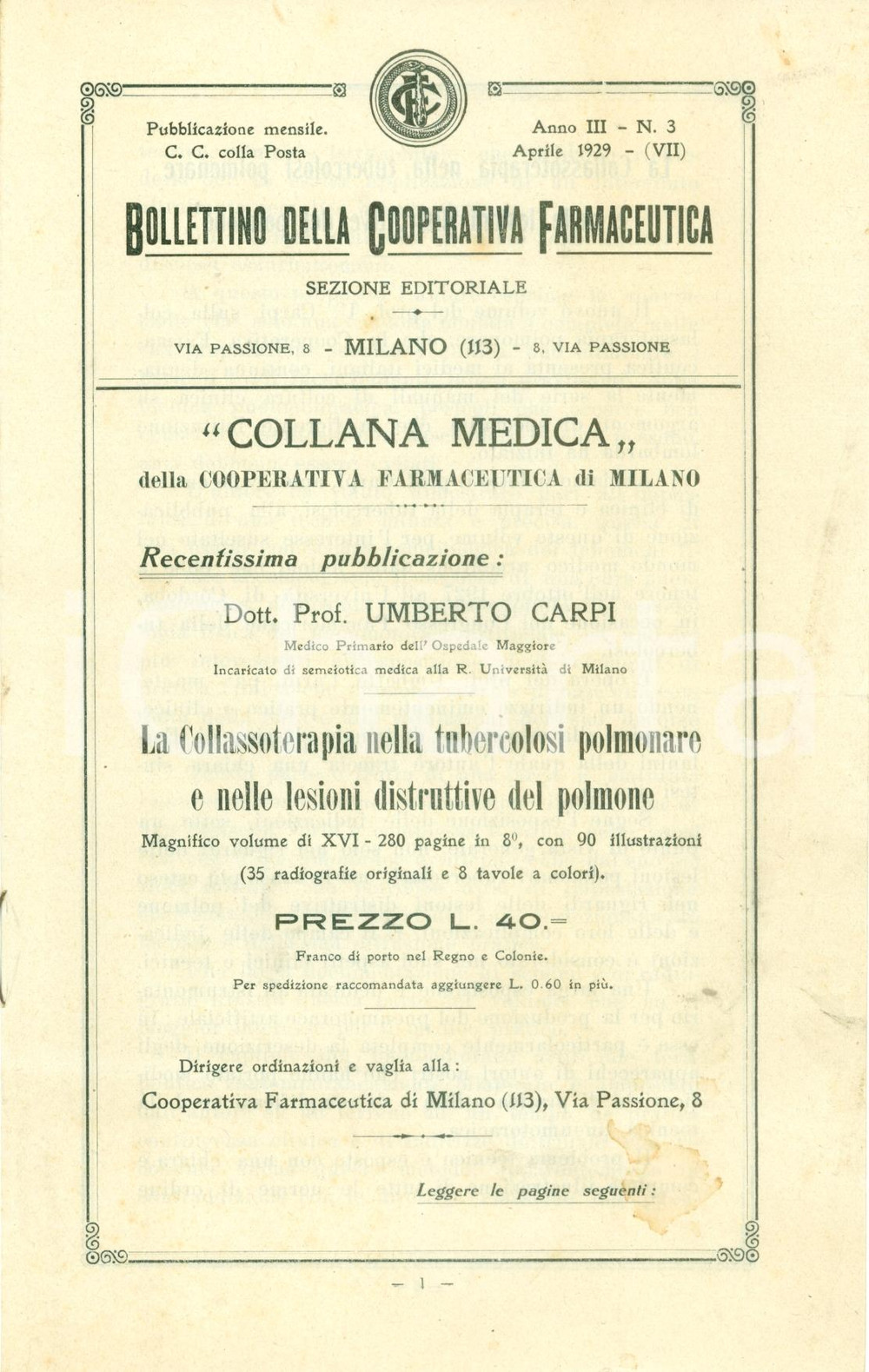 Materiale pubblicitario d’epoca 1929 MILANO Bollettino Cooperativa Farmaceutica Umberto CARPI Collassoterapia 1