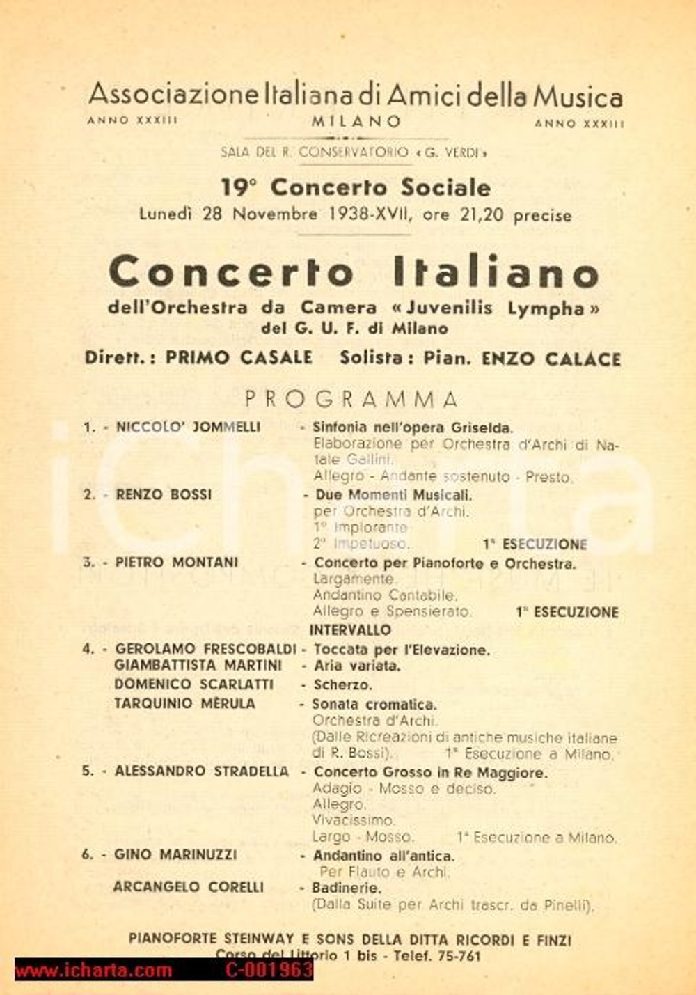 Materiale pubblicitario d’epoca 1938 MILANO Concerto Orchestra JUVENILIS LYMPHA Maestro Primo CASALE *Programma 1