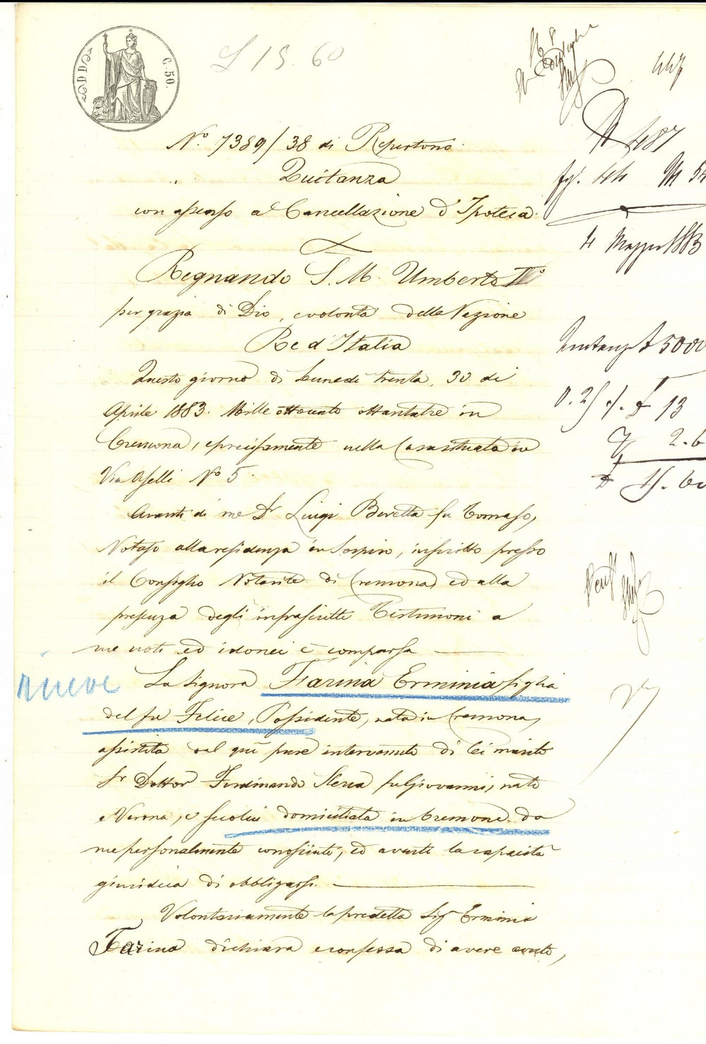 Documento originale, autentico 1883 CREMONA Quietanza Emma FARINA ad Albina MAFFI ROBOLOTTI per saldo debito 1
