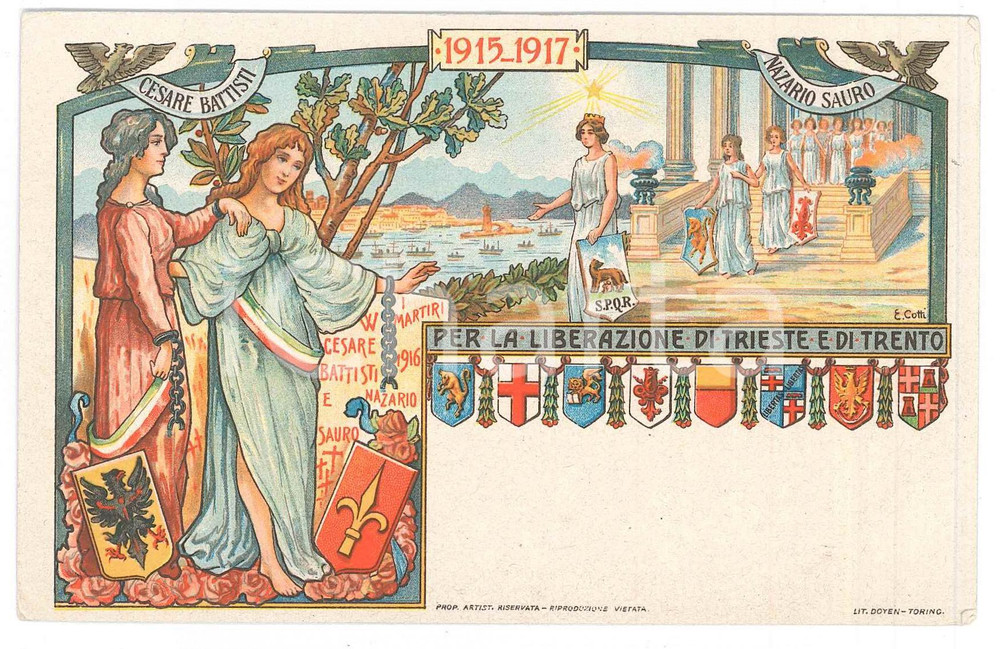 1917 Artista Edoardo COTTI Per la liberazione di TRENTO e TRIESTE Cartolina FP  Cartolina postale, non viaggiata ma con nota manoscritta al verso. FAIR/discreto Lievi smussature agli angoli Formato: 14x9 originale e autentica 1