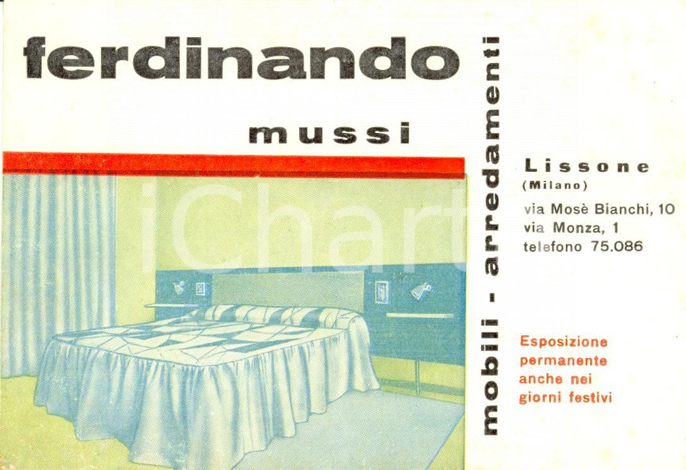 Materiale pubblicitario d’epoca 1950 LISSONE MB Ferdinando MUSSI Mobili FIERA MILANO Cartoncino pubblicitario 1