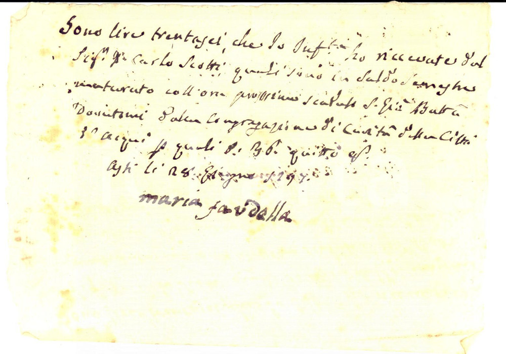 Documento originale, autentico 1797 ASTI Ricevuta Maria FARDELLA al rev. don Carlo SCOTTI Manoscritto 1