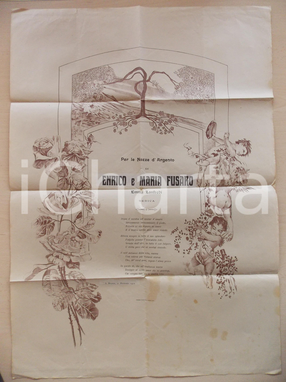 Documento originale, autentico 1912 SAMBRUSON VE Nozze d argento Enrico e Maria FUSARO Manifesto 50x70 1