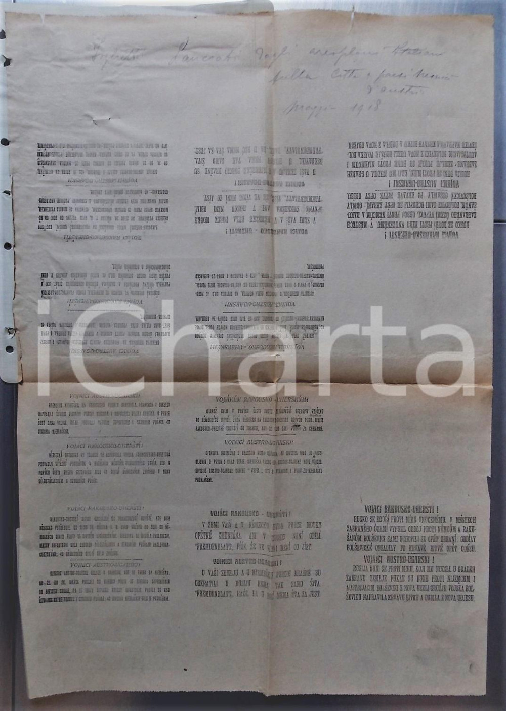 Documento originale, autentico 1918 PROPAGANDA AEREA WW1 Volantini contro IMPERO AUSTROUNGARICO Foglio matrice 1
