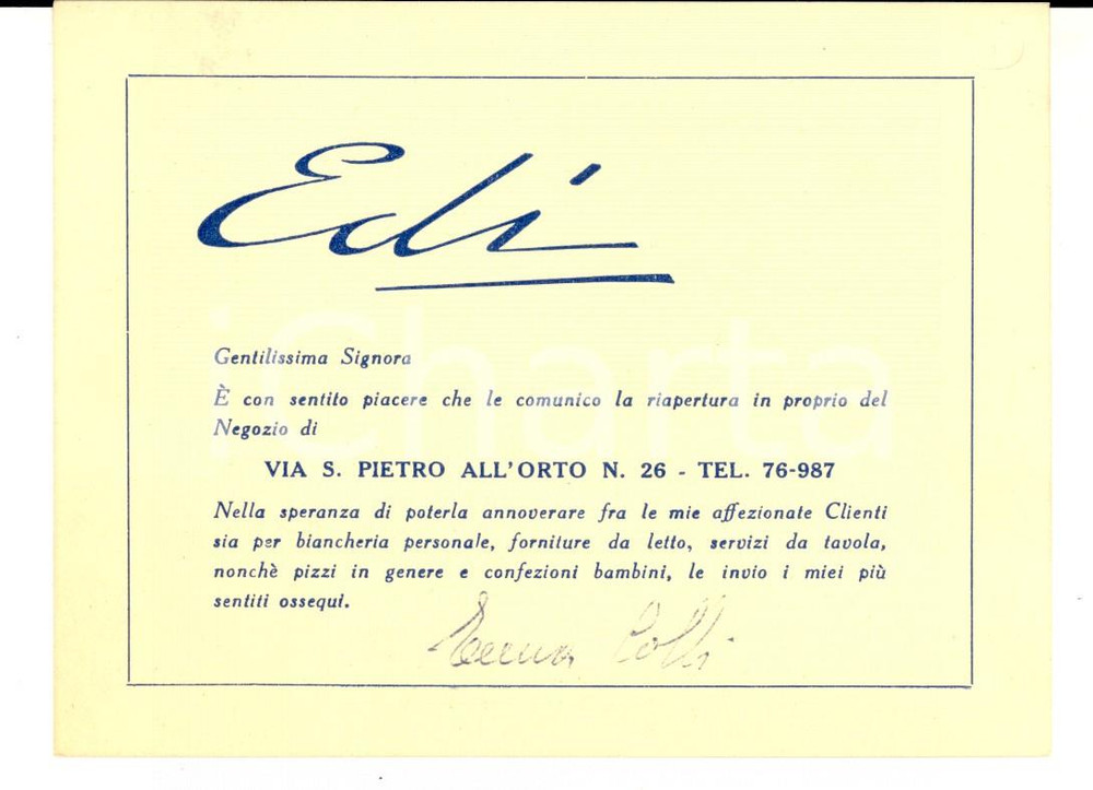 Cartolina originale da collezione 1950 ca MILANO via San Pietro all Orto Negozio EDI biancheria Cartoncino 1