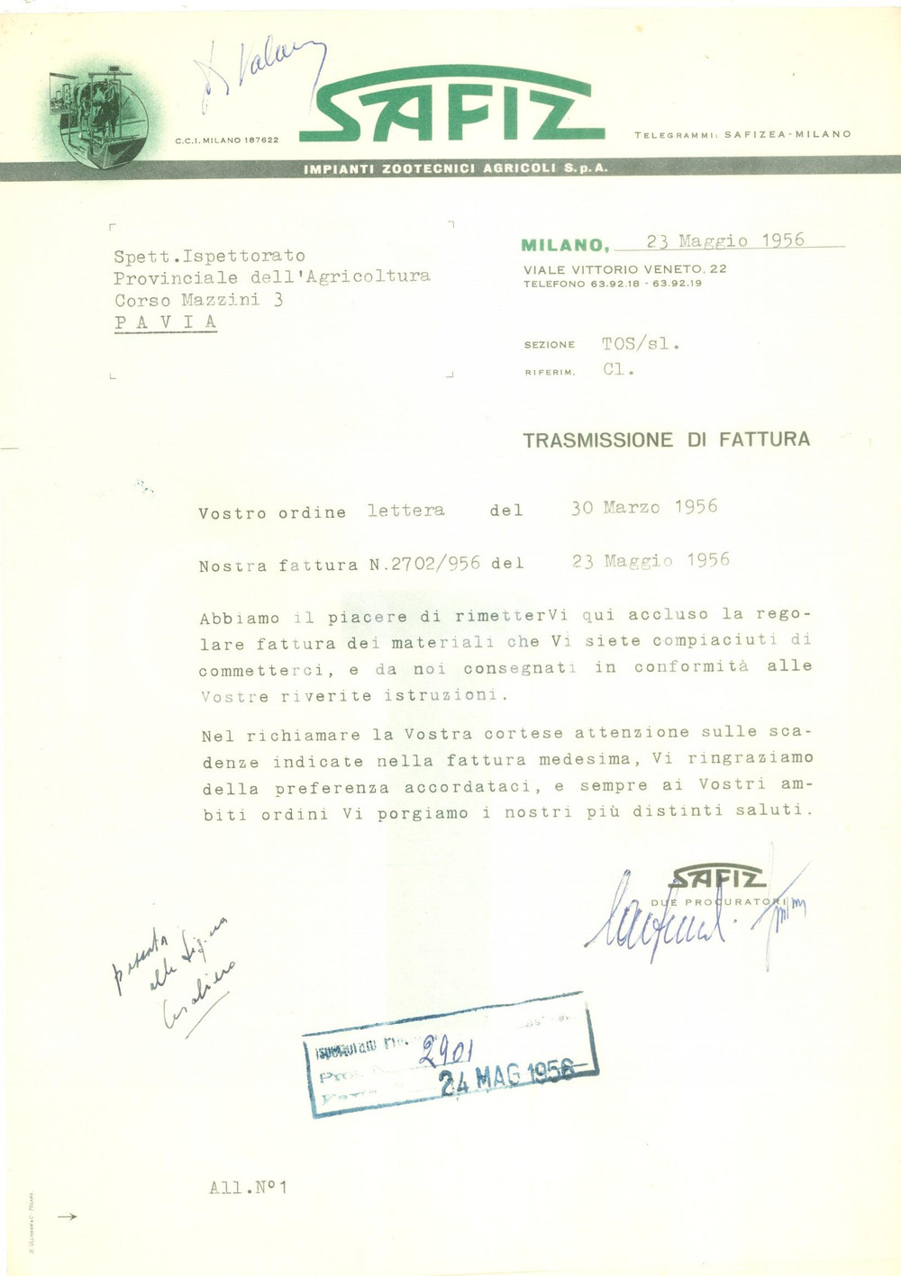 Documento originale, autentico 1956 MILANO Impianti Zootecnici Agricoli SAFIZ invia fattura *Documento 1