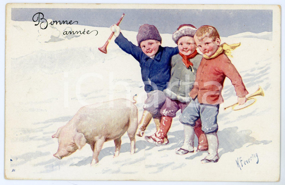 1910 ca BONNE ANNEE Children with pig - Vintage postcard ill. Karl FEIERTAG  Cartolina postale d'epoca, non viaggiata.CONDIZIONI: G (minime abrasioni agli angoli) FORMATO: FP    originale e autentica 1