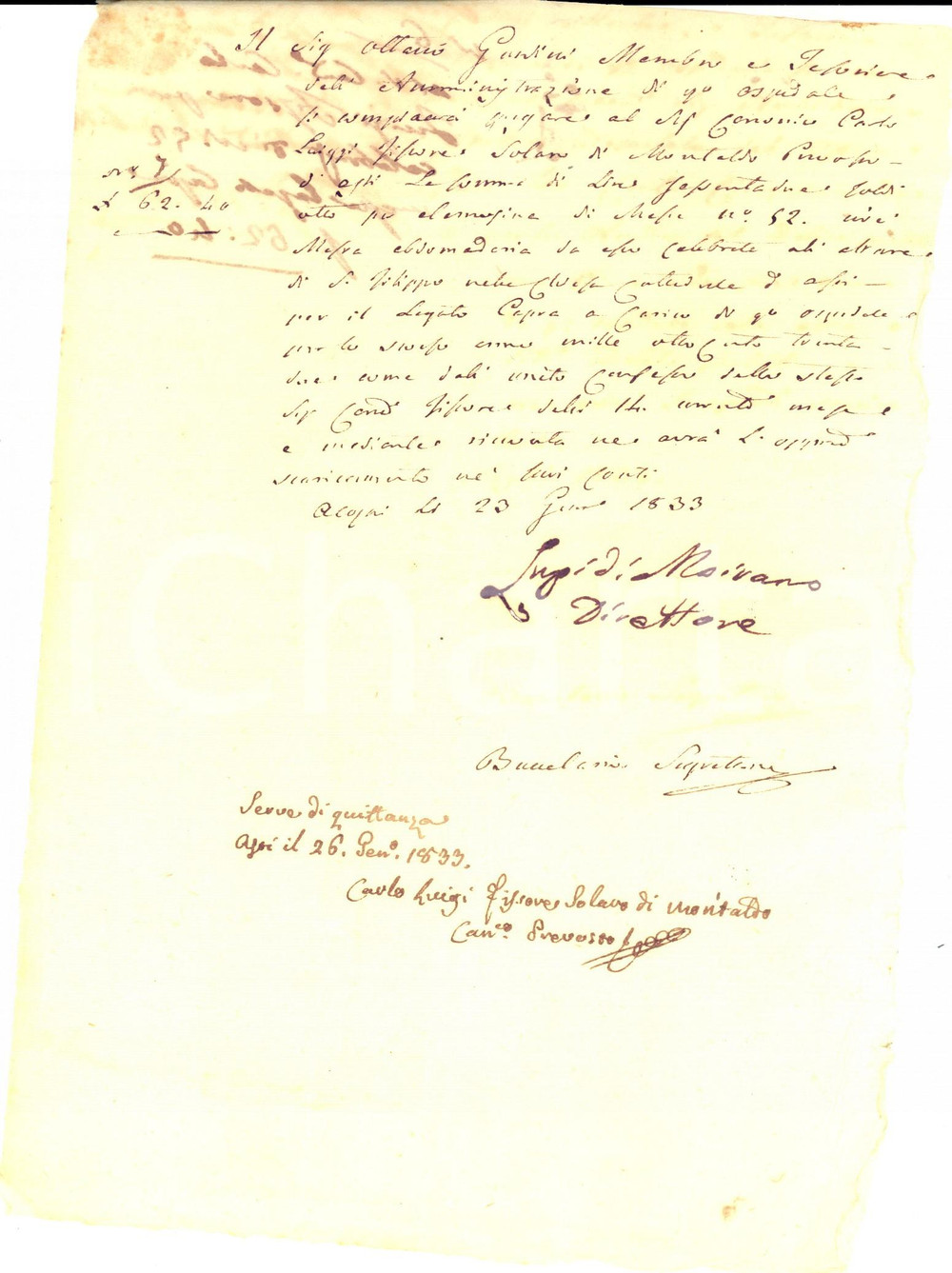 Documento originale, autentico 1833 ASTI Richiesta saldo Carlo Luigi FISSORE SOLARO DI MONTALDO per Messe 1