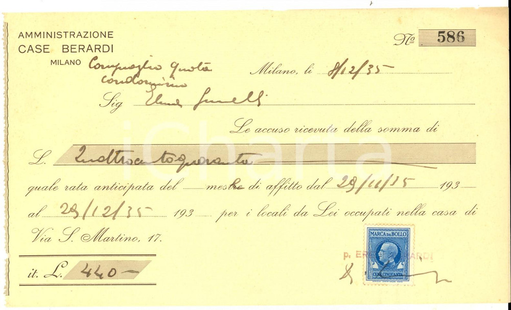 Documento originale, autentico 1935 MILANO Amministrazione CASE BERARDI Ricevuta per affitto con bolli 1