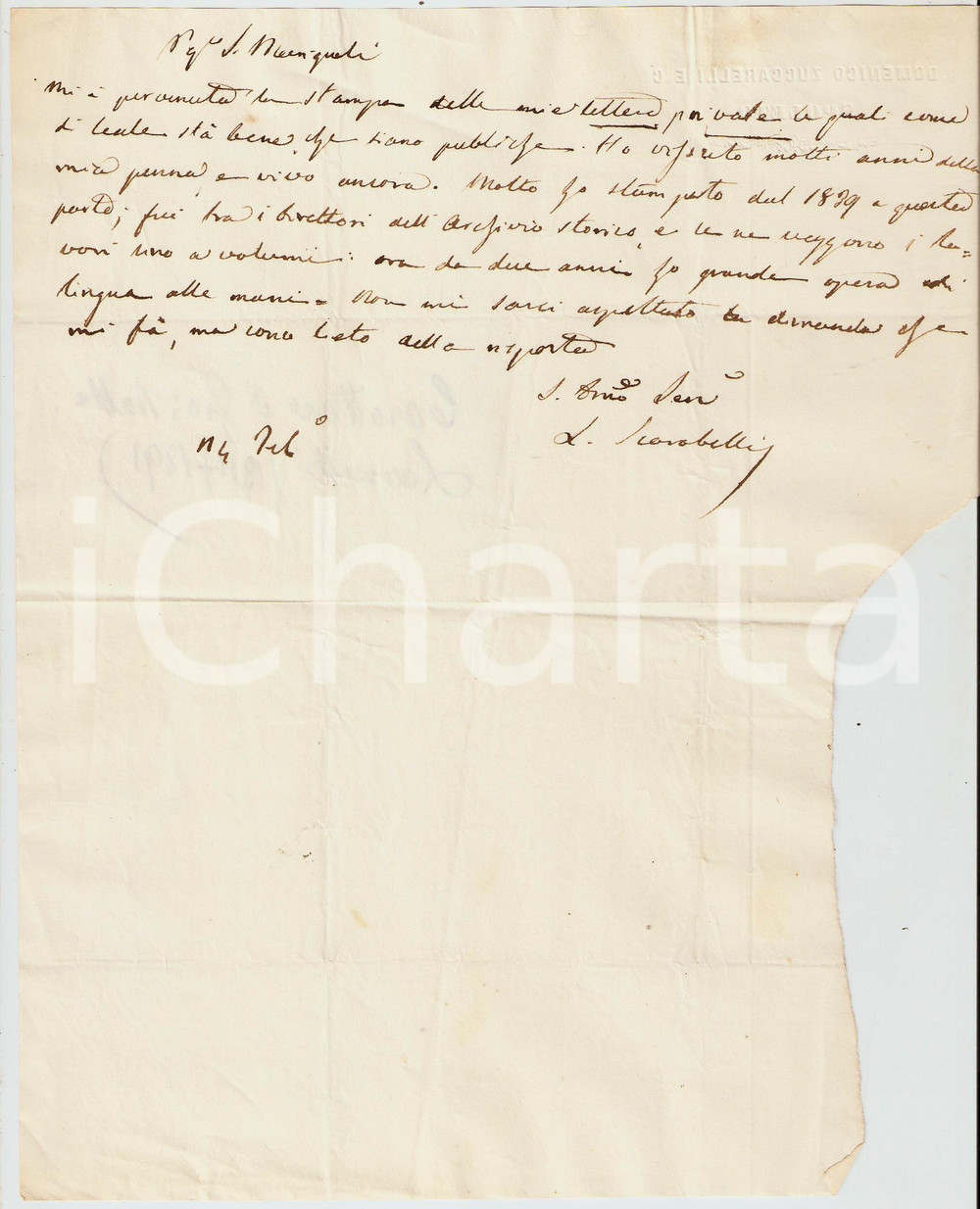 Autografo originale 1850 ca Ho vissuto molti anni della mia penna Autografo Luciano SCARABELLI 1