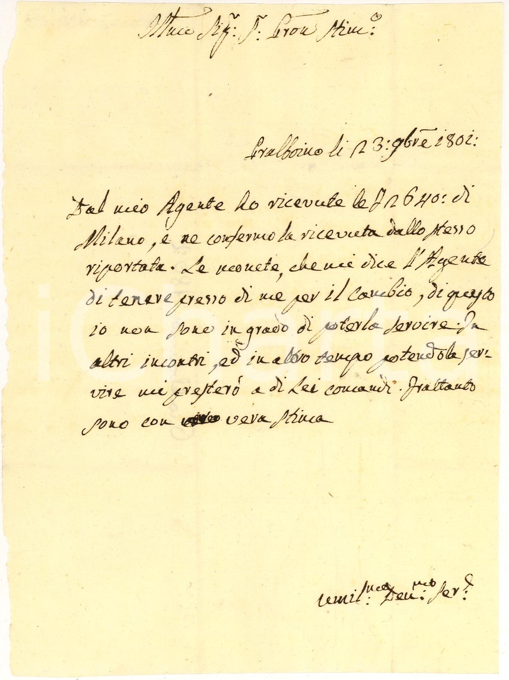 Manoscritto, lettera originale 1802 PRALBOINO  BS Non si può fare il cambio delle monete di MILANO Lettera 1