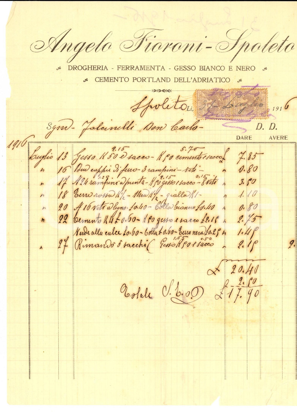 Documento originale, autentico 1916 SPOLETO PG Angelo FIORONI gesso e cemento Portland Fattura intestata 1