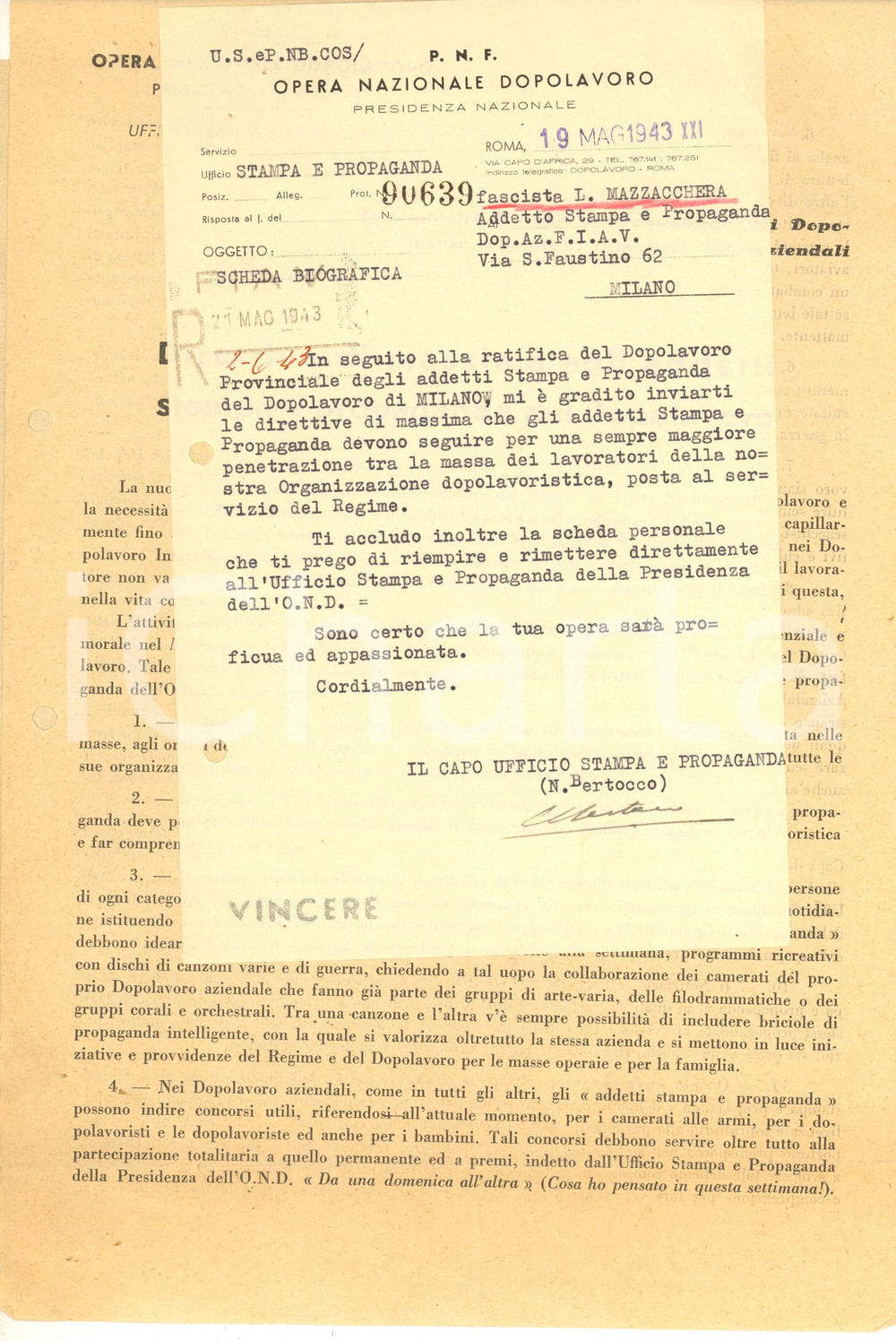 Documento originale, autentico 1943 PNF ROMA Direttive addetti stampa e propaganda Dopolavoro Natale BERTOCCO 1
