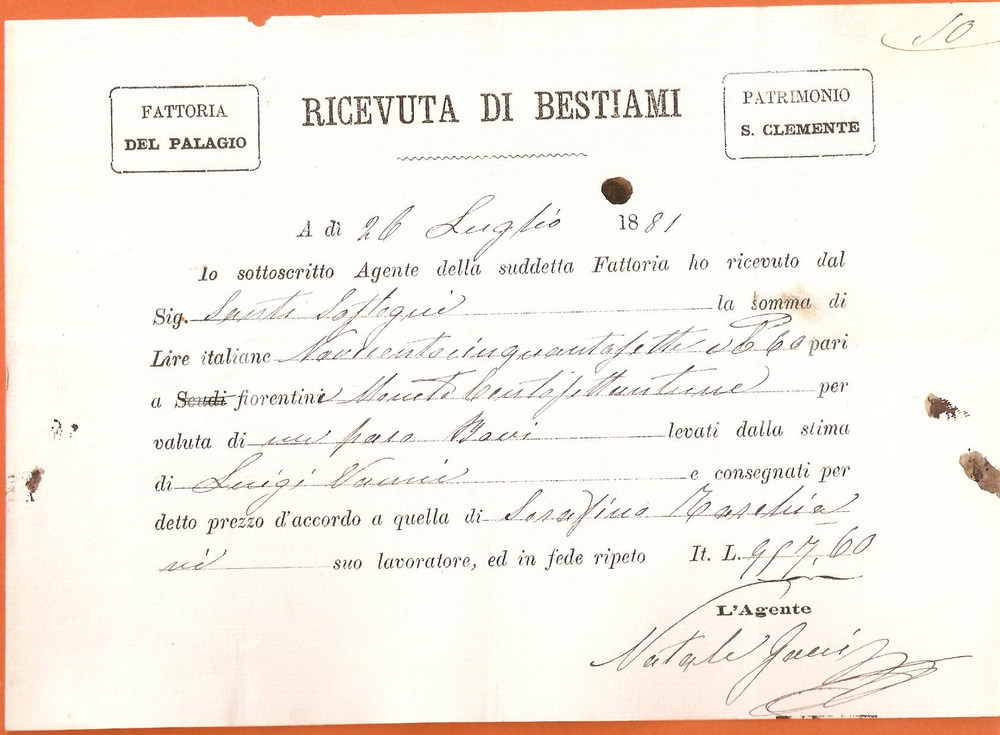 Documento originale, autentico 1881 FIGLINE VALDARNO FI Fattoria del PALAGIO Patrimonio SAN CLEMENTE Ricevuta 1