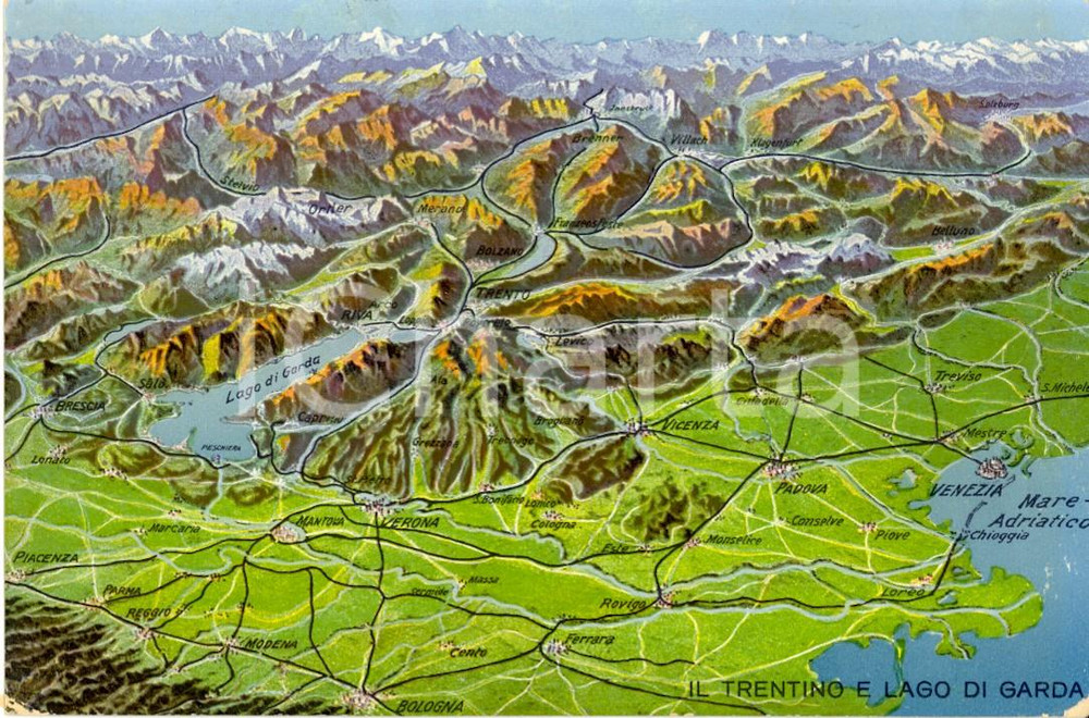 Cartolina originale da collezione 1917 Mappa fisica del TRENTINO e del Lago di GARDA Cartolina ILLUSTRATA FP VG 1