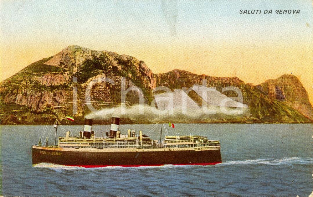Cartolina originale da collezione 1920 ca GENOVA Nave GIULIO CESARE in viaggio verso il porto *Cartolina FP NV 1