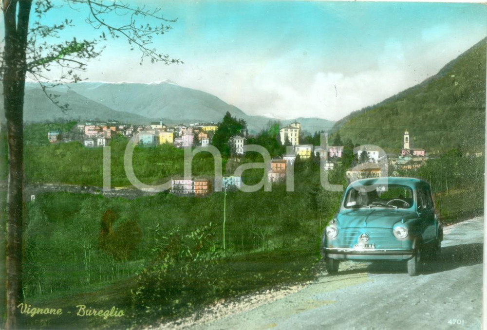 Cartolina originale da collezione 1965 VIGNONE VB Fiat 600 sulla strada di BUREGLIO Cartolina postale FG VG 1