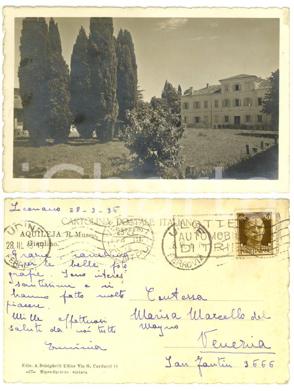 Cartolina originale da collezione 1936 AQUILEIA UD Giardino Regio Museo Cartolina a Marisa MARCELLO DEL MAYNO 1