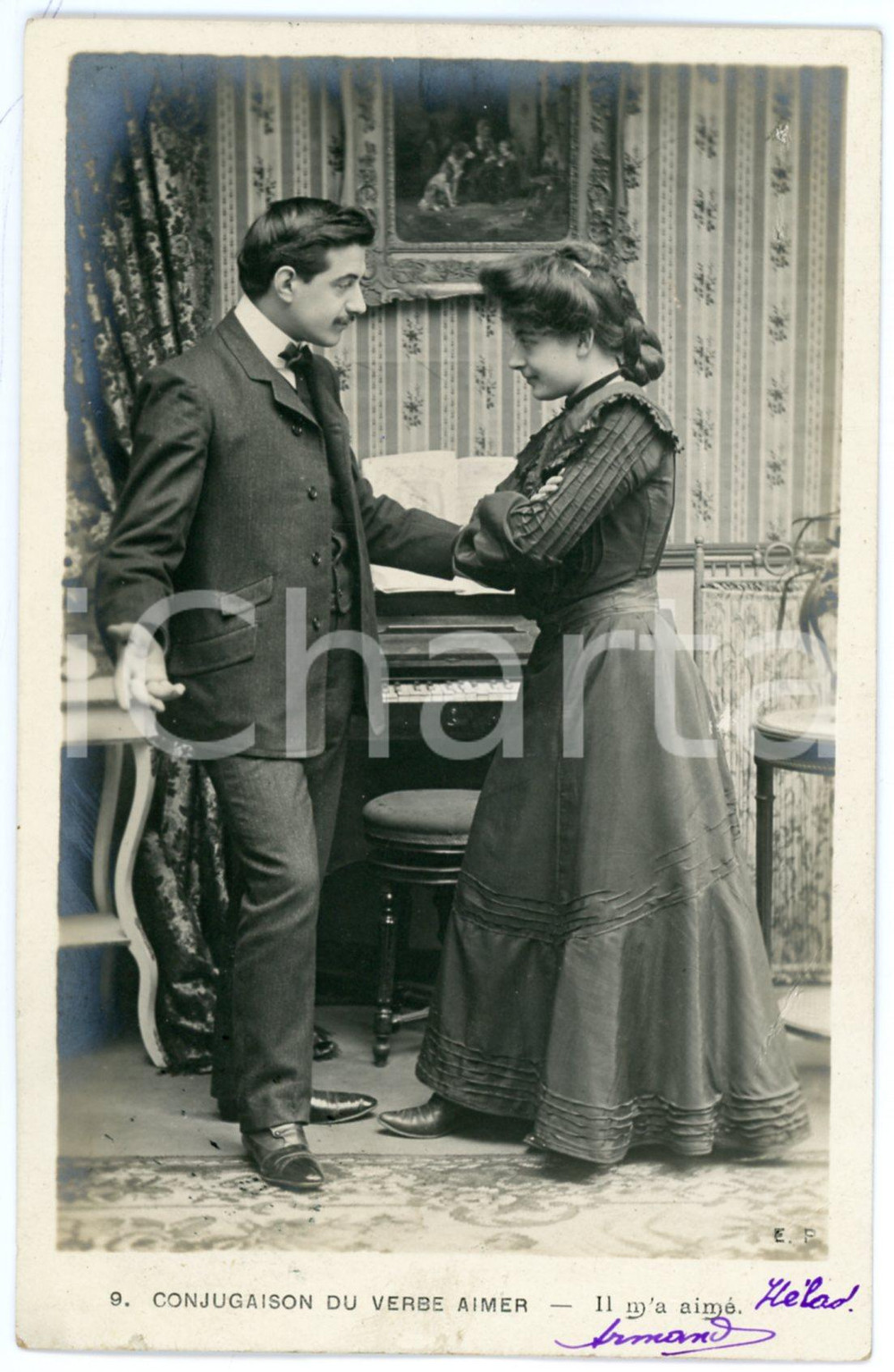 1903 CONJUGAISON DU VERB AIMER - Il m'a aimé - Couple - Vintage postcard n°9  Cartolina postale d'epoca, viaggiata.CONDIZIONI: G (minime abrasioni al lato inferiore)FORMATO: FP    originale e autentica 1