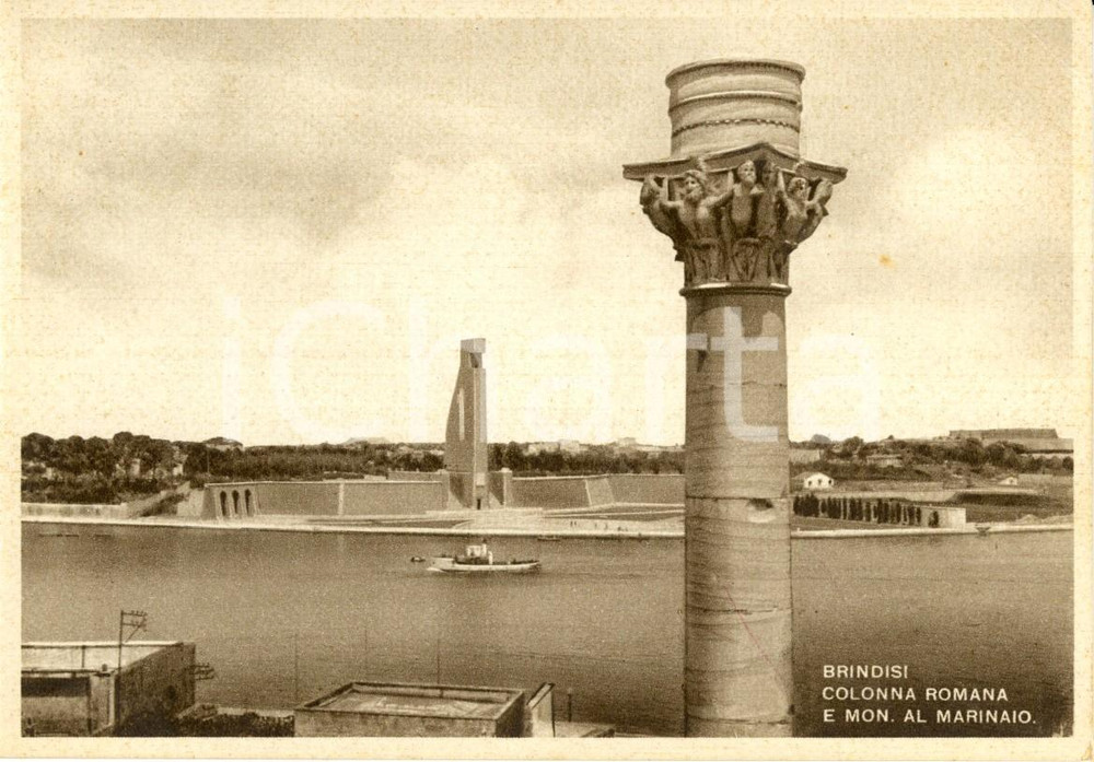 Cartolina originale da collezione 1950 ca BRINDISI Colonna romana e monumento al Marinaio d'ITALIA *ANIMATA 1
