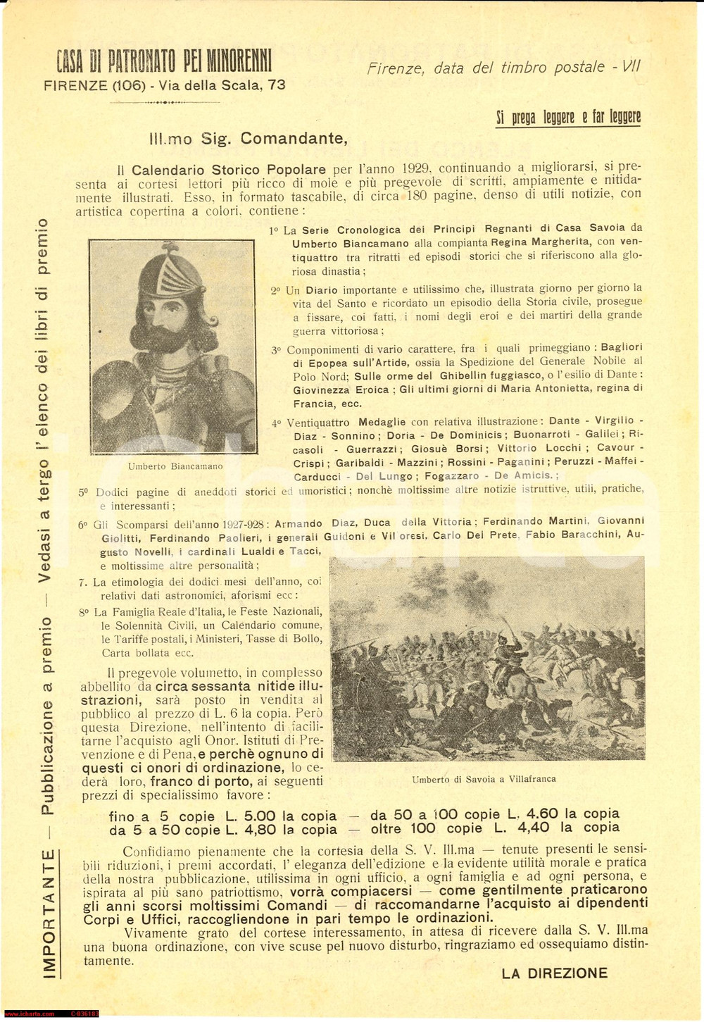 Documento originale, autentico 1929 FIRENZE Casa di Patronato pei Minorenni 1