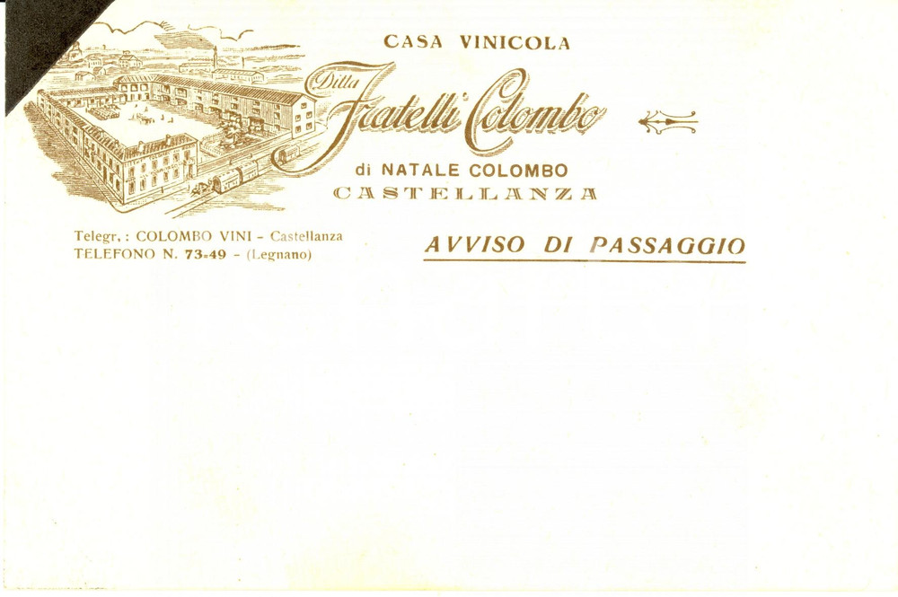 Cartolina originale da collezione 1940 ca CASTELLANZA VA Vini COLOMBO avviso di passaggio Illustrata FG NV 1