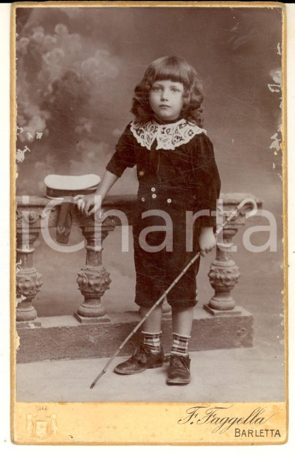 1910 ca BARLETTA Ritratto di bambina con bastone da passeggio *Foto FAGGELLA CDV