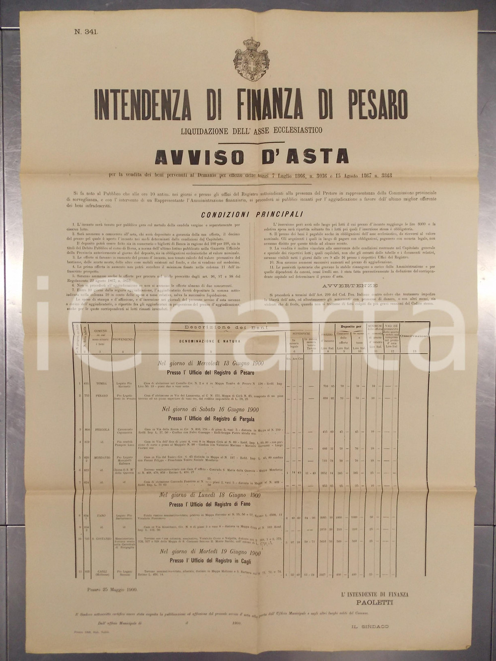 Documento originale, autentico 1900 PESARO Asta beni immobili dell asse ecclesiastico Manifesto 55x50 cm 1