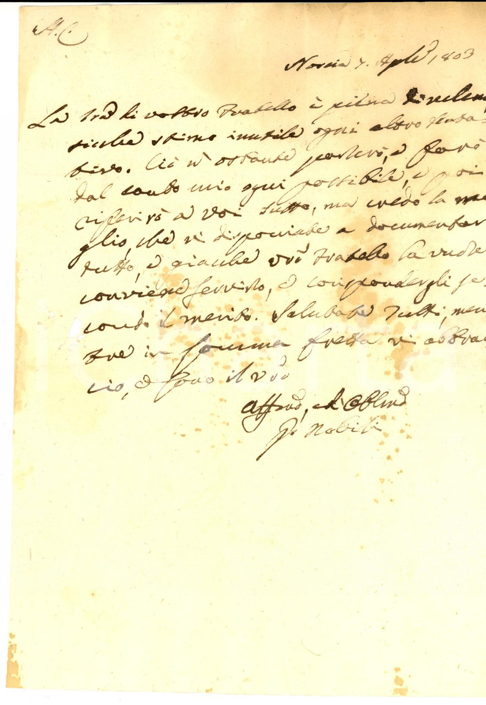 Manoscritto, lettera originale 1803 NORCIA PG Lettera procuratore NOBILI su un nobile pieno di veleno 1