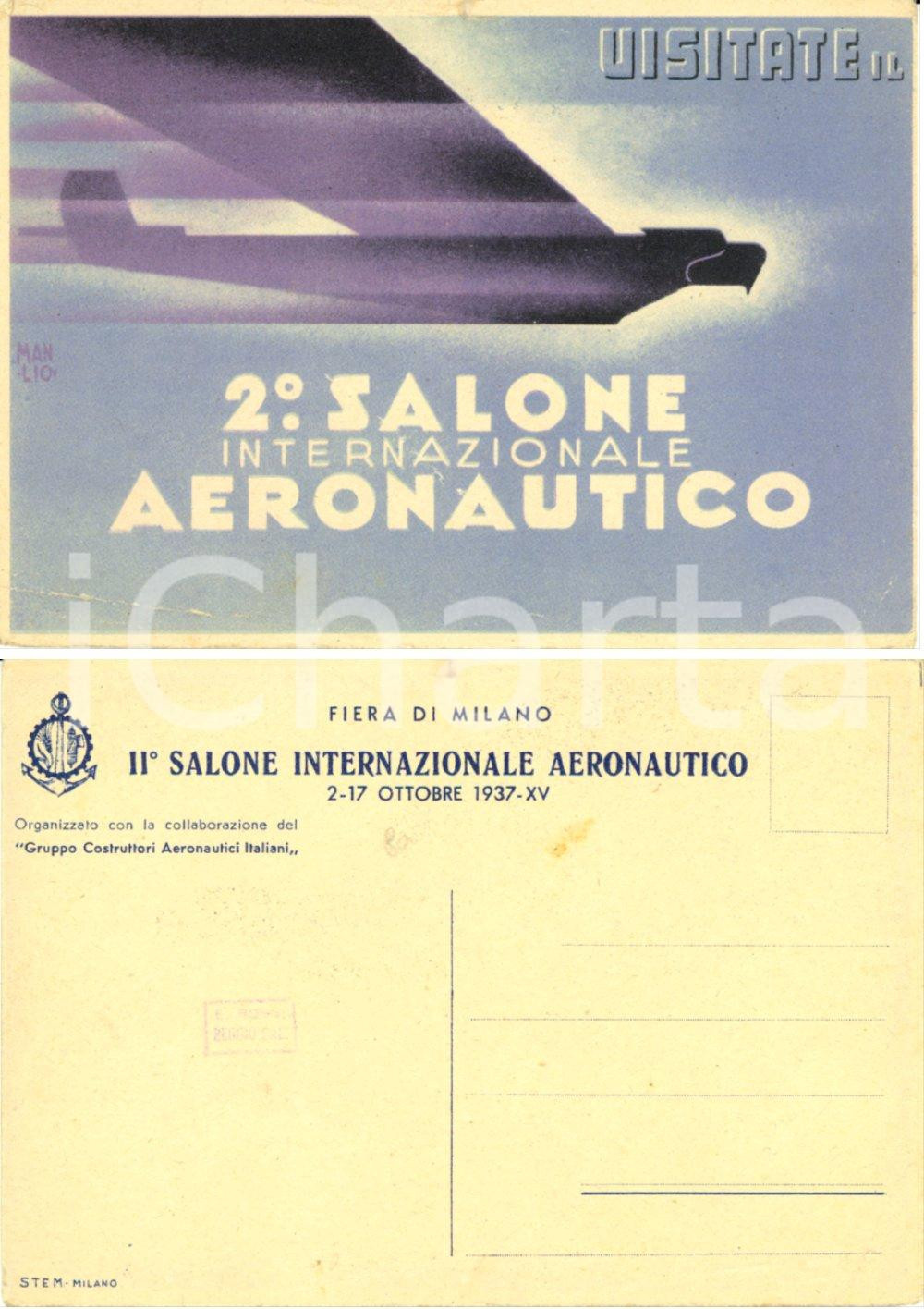 Cartolina originale da collezione 1937 FIERA MILANO Visitate 2Â° Salone internazionaleaeronautico Ill. MANLIO *FG 1
