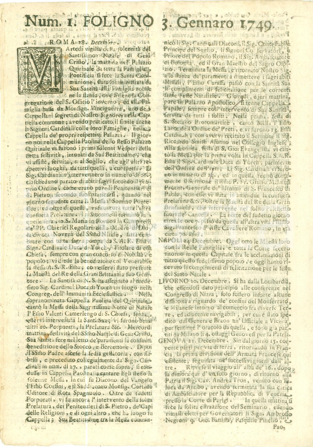 Giornale, rivista storica 1749 GIORNALE DI FOLIGNO n. 1 Celebrazioni Pontificie del NATALE al QUIRINALE 1
