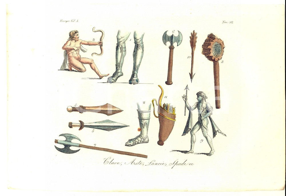 Stampa, bozzetto originale 1823 FERRARIO COSTUME EUROPEO Clave, aste, lancie, spade ec. Colorata a mano 1