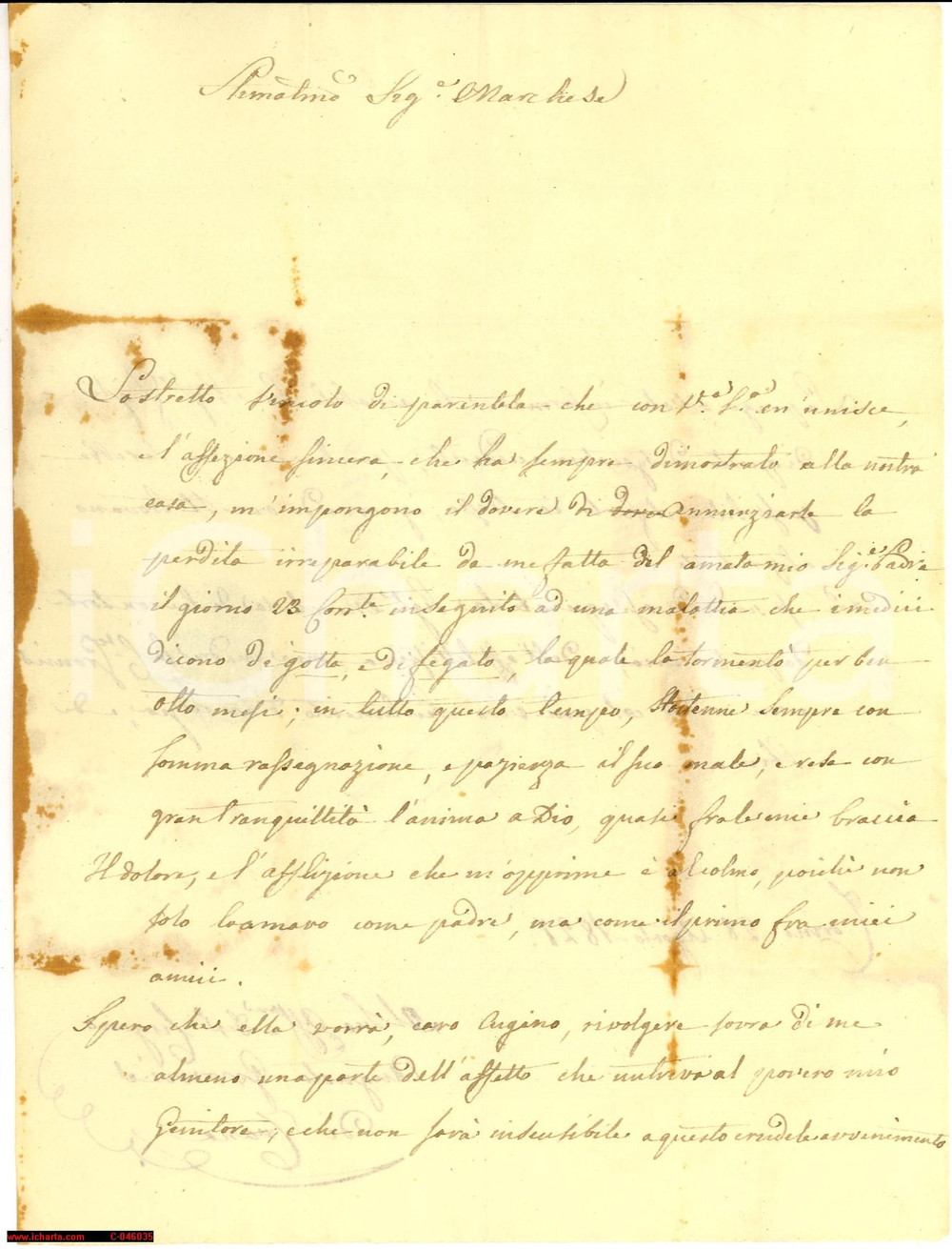 Manoscritto, lettera originale 1827 TORINO Conte Augusto GROMIS DI TRANA in morte del padre LETTERA 1