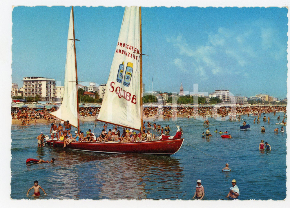 Cartolina originale da collezione 1970 RIMINI Barca a vela SQUIBB in mare Cartolina ANIMATA VINTAGE FG VG 1