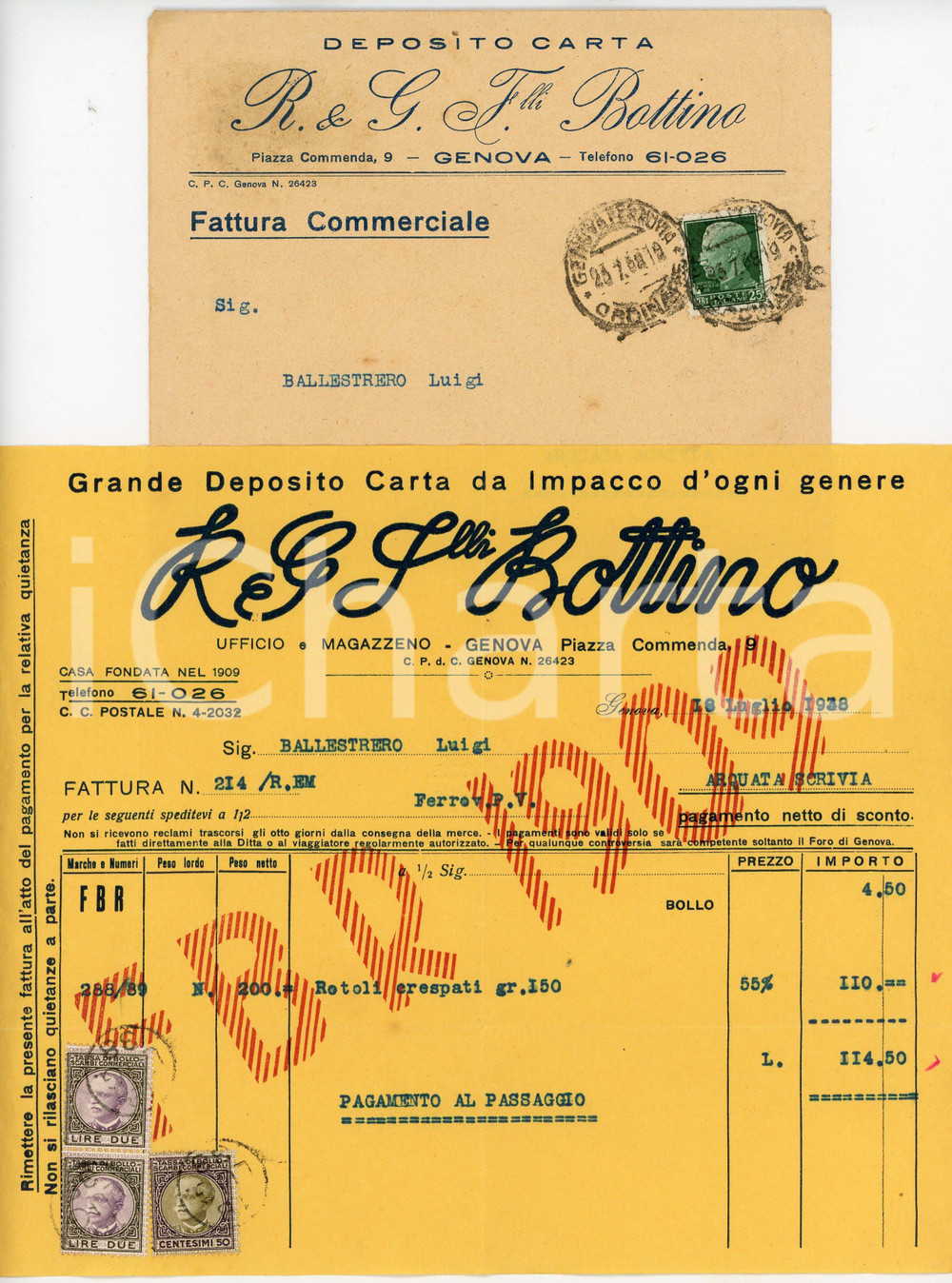 1938 GENOVA - F.lli BOTTINO - Deposito carta da impacco - Fattura Fattura commerciale d'epoca, dattiloscritta, su carta intestata.Busta intestata e viaggiata.Genova - piazza Commenda, 9Presenti marche da bollo.CONDIZIONI: F (piegature d'epoca)PAGINE: 1    originale e autentica 1