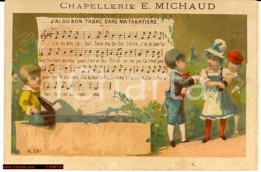 Materiale pubblicitario d’epoca 1890 LE HAVRE FR Chapellerie MICHAUD vintage pub 1
