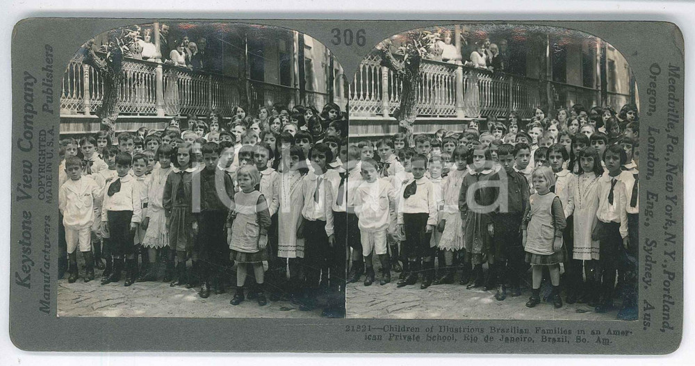 1910 ca RIO DE JANEIRO (BRAZIL) Children in American private School *Stereoview Fotografia stereoscopica d'epoca, su cartoncino rigido, n&deg; 21821.EDITORE: Meadville, Pa. - Keystone View Company  GOOD/buono  Formato: 18x9 cm originale e autentica 1