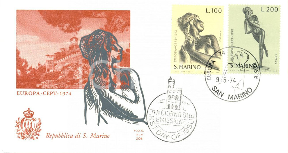 Materiale pubblicitario d’epoca 1974 REPUBBLICA SAN MARINO Serie EUROPA CEPT con annullo BUSTA PRIMO GIORNO 1